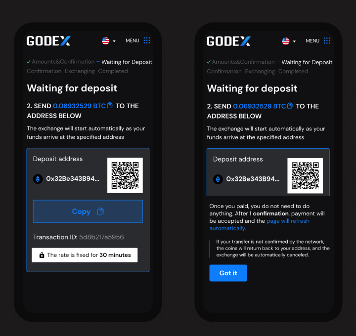 Two mobile deposit screens: one with the address and a fixed-rate line beneath it, one explaining what happens after payment