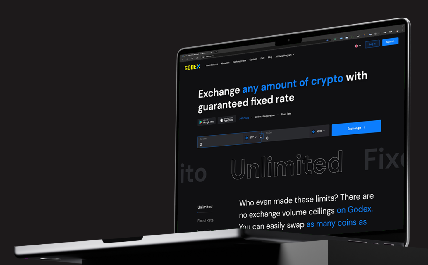 The Godex homepage on a laptop, with the headline promising to exchange any amount of crypto at a guaranteed fixed rate