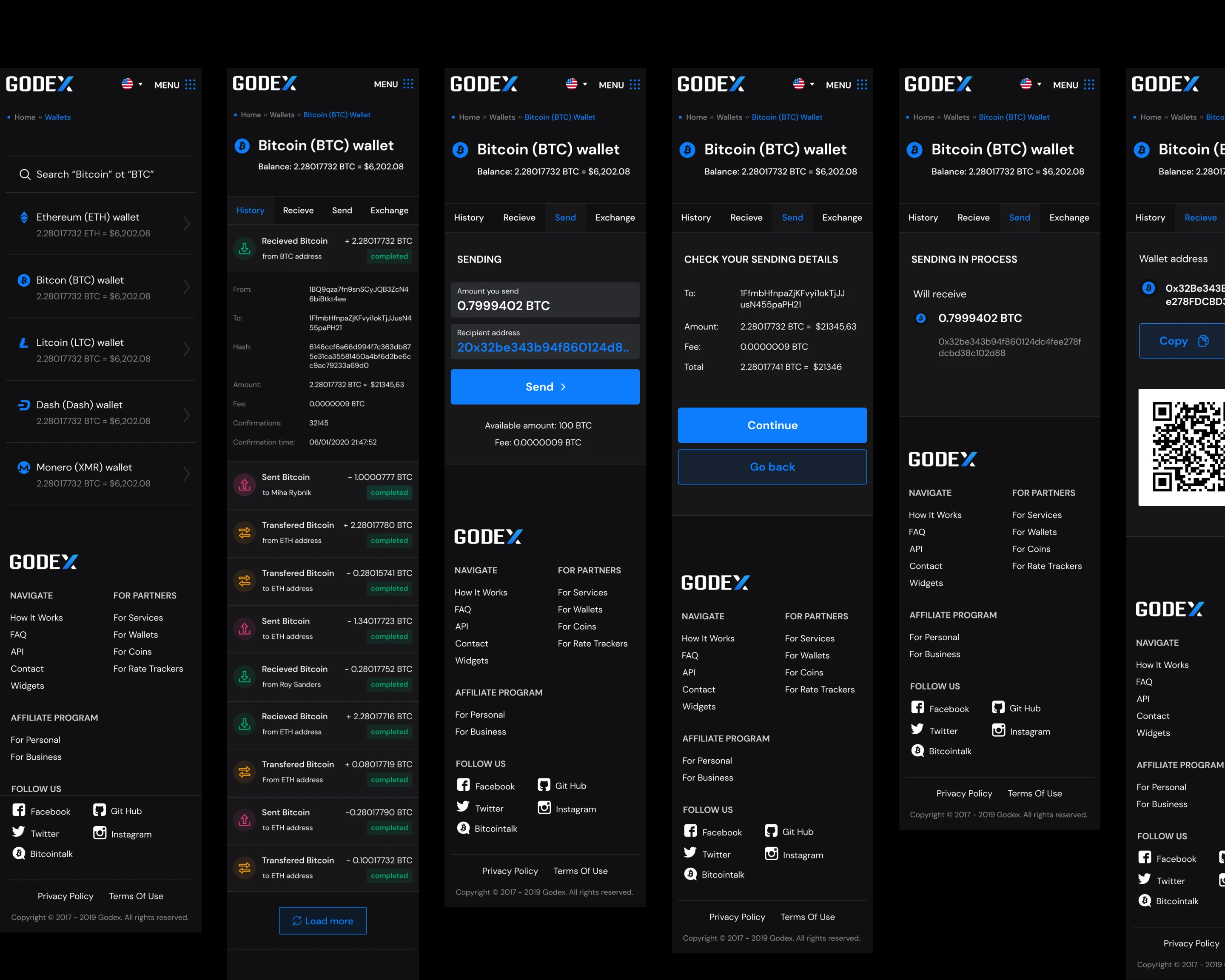 Six mobile wallet screens: wallet list, transaction history, sending form, confirmation, sending in progress and the receive screen with a QR code