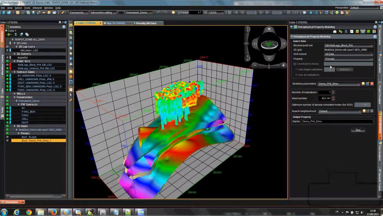 DecisionSpace 3D workspace showing a coloured porosity model above a subsurface grid, with a property modelling panel on the right