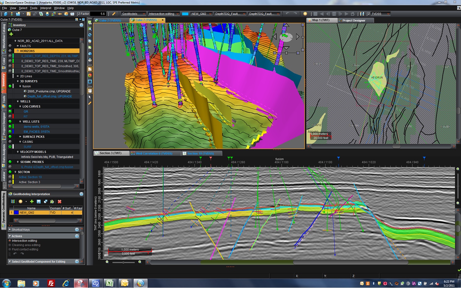 DecisionSpace geomodeling workspace: a 3D horizon view, a map panel and a seismic section, ringed by inventory trees and toolbars