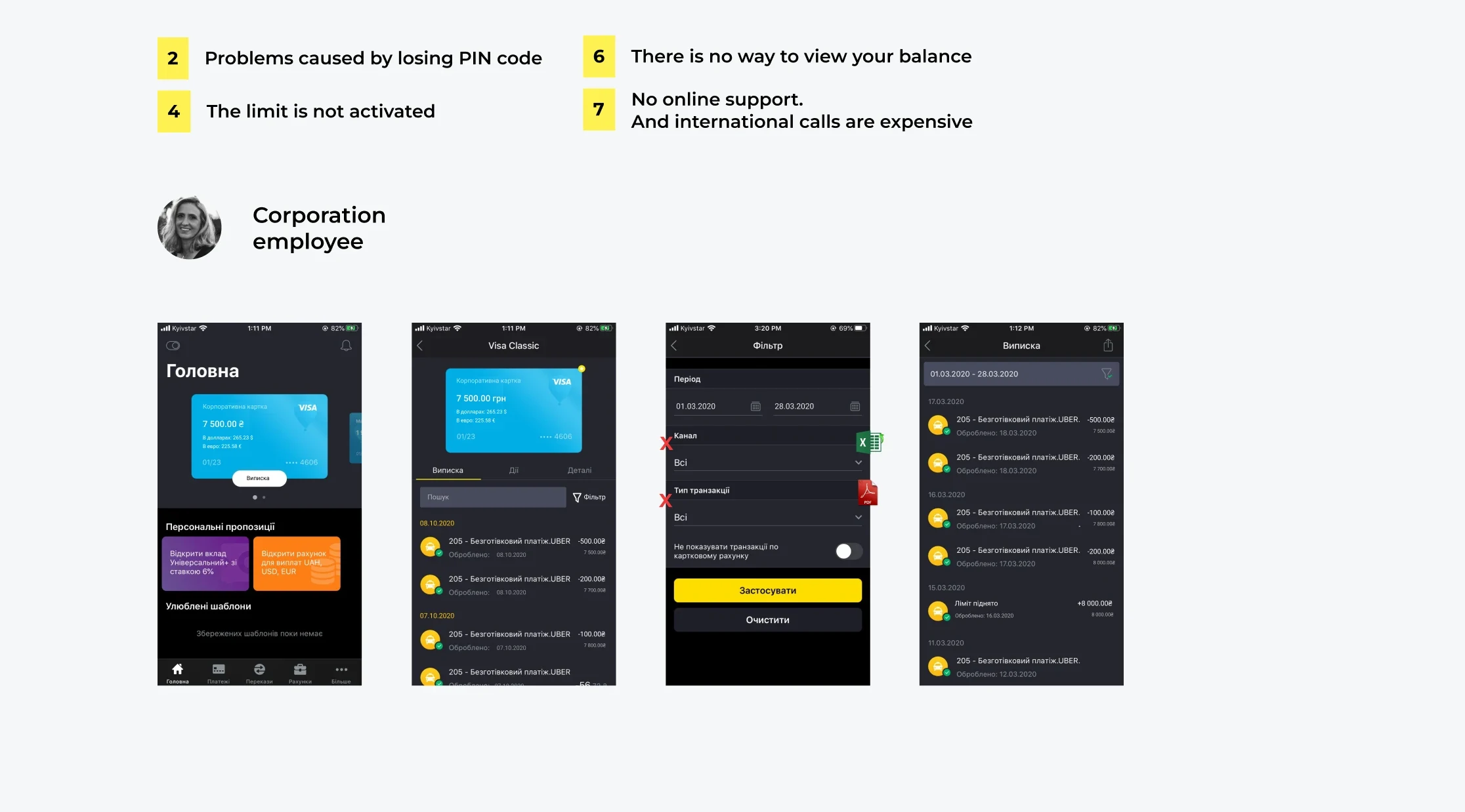 The reworked mobile app screens showing the corporate card's own balance, a searchable statement, export to Excel and PDF, and a limit increase in the feed