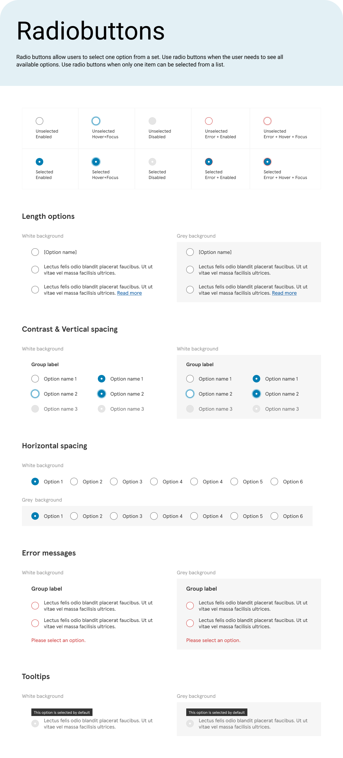 The radio button specification page: a matrix of ten states, length and spacing options on white and grey backgrounds, error messages and tooltips