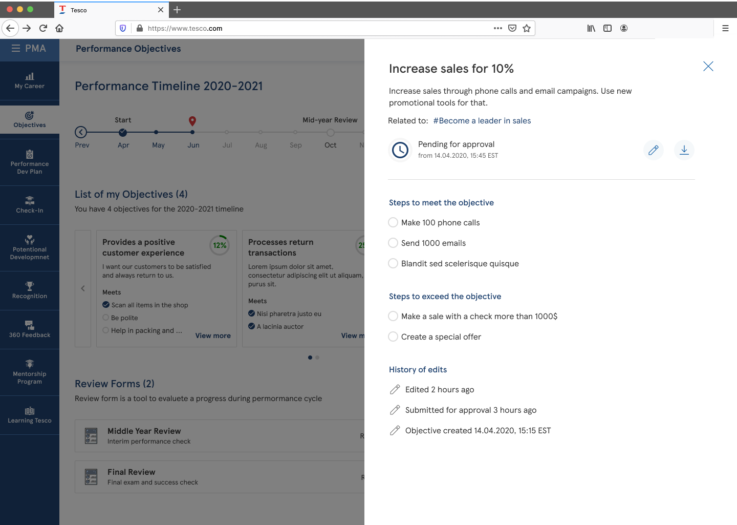 An objective open in a side panel, showing its steps, pending approval status and a history of edits