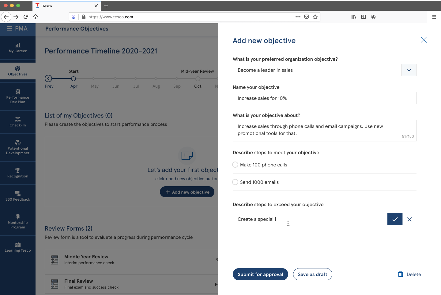 The Add new objective panel filled in, with a step being typed and the submit buttons enabled