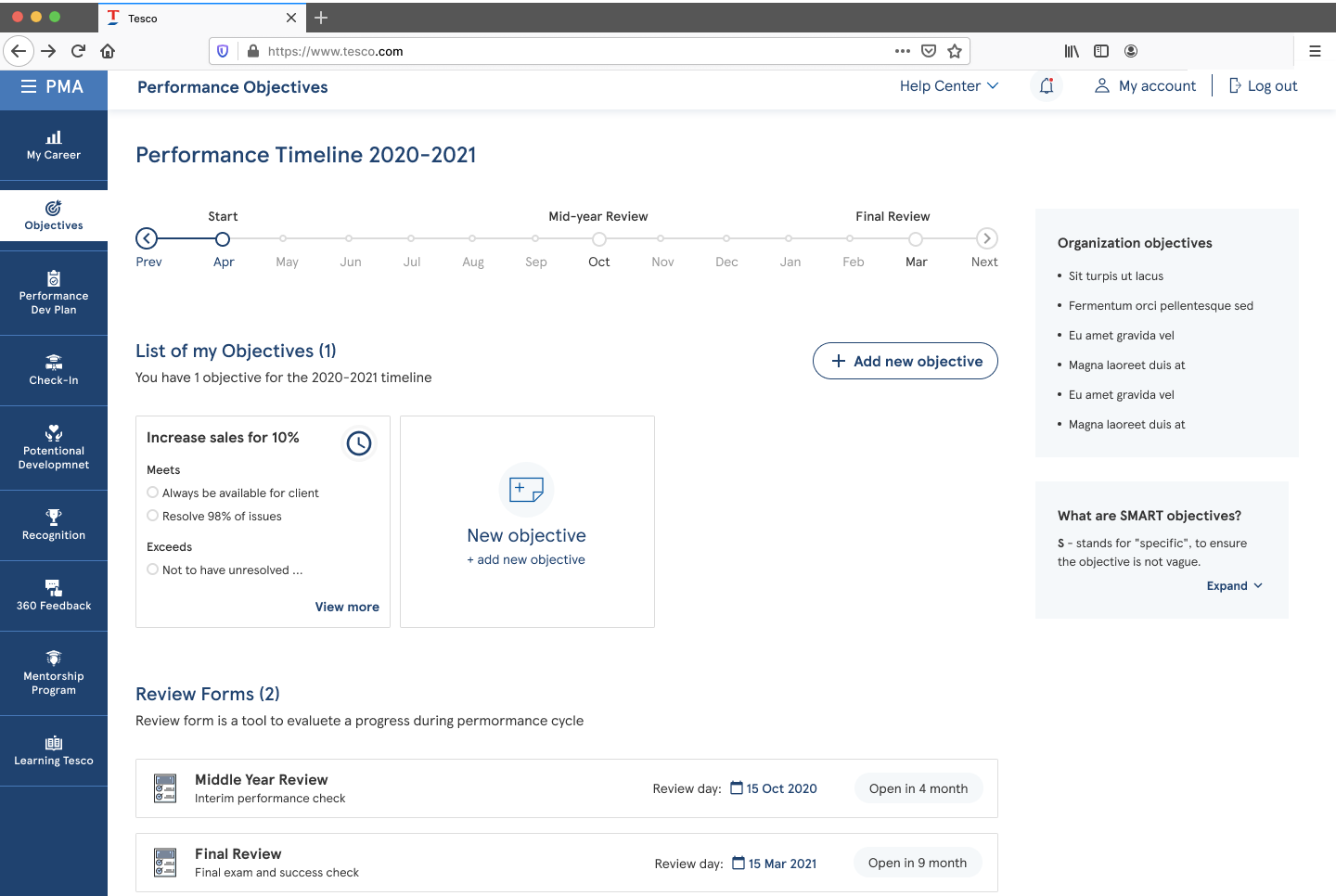 The PMA objectives screen showing the performance timeline for 2020-2021, one objective card and two review forms